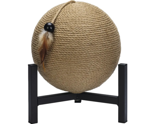 Katzenkratzball mit Feder an einem Metallgestell