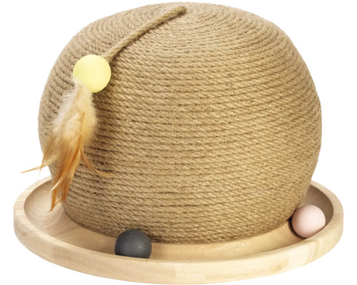 Kratzmöbel Designed by Lotte Spiel- und Kratzball Mila 29,5 x 22 cm Sisal, Holz Katzenkratzball mit Spielzeug auf Holzsockel