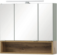 Spiegelschrank mit drei Türen und offenem Holzfach