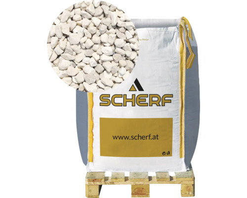 Zierkies Gletscherkies 22-32 mm 1000 kg Bigbag Chateau-Beige Sack mit Zierkies auf einer Palette mit Detailansicht