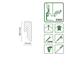 Clip mit den Maßen 38,5 mm x 15 mm und Symbole zur Montage