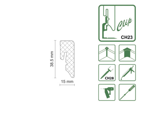 Profilverbinder Clip mit den Maßen 38,5 mm Höhe und 15 mm Breite sowie Anwendungsbereich-Symbolen