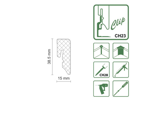 Montageclip mit den Maßen 38,5 mal 15 Millimeter, sowie Montagehinweise.