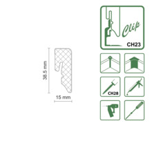 Clip mit den Maßen 38,5 mm mal 15 mm, zusammen mit zugehörigen Befestigungssymbolen.