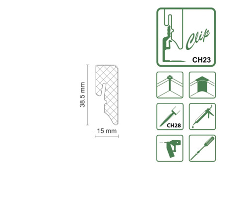 Clip mit den Maßen 38,5 mm mal 15 mm, zusammen mit zugehörigen Befestigungssymbolen.