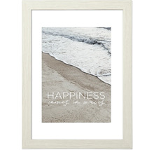 Gerahmtes Bild mit dem Aufdruck ''Happiness comes in waves'', das eine Welle am Strand zeigt
