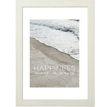Gerahmtes Bild mit Wellen und dem Schriftzug ''Happiness comes in waves''.