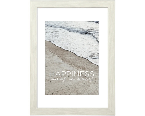 Gerahmtes Bild mit Wellen und dem Schriftzug ''Happiness comes in waves''.