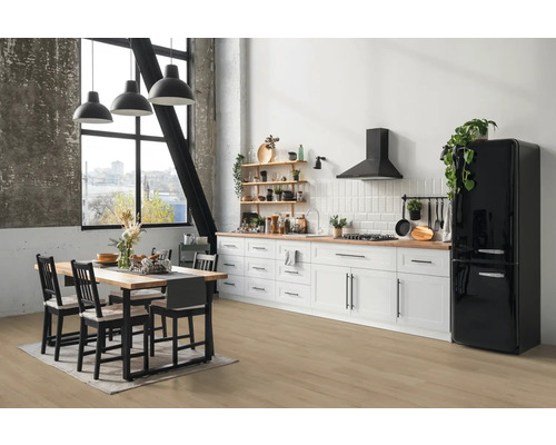 Helle Küche mit Esstisch und Stühlen, Küchenzeile, Regalen und Kühlschrank.