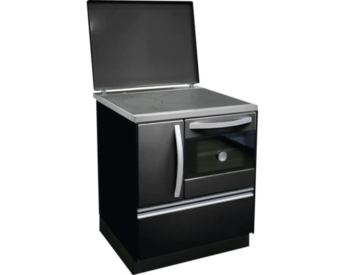 Festbrennstoffherd Firefix Isar 72 schwarz Backofen rechts mit Gusseisen-Kochfeld Schwarzer Küchenherd mit geöffnetem Deckel für den Hornbach Webshop.