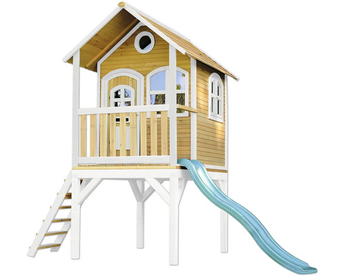 Spielhaus Spielturm axi Laura 191 x 318 cm Holz braun, weiß bestehend aus Grundturm, Rutsche weiß grün