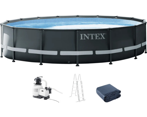 Aufstellpool Framepool-Set Intex Ultra rund Ø 488x122 cm inkl. Sandfilteranlage, Leiter, Abdeckplane, Bodenschutzplane & Anschlussschlauch grau