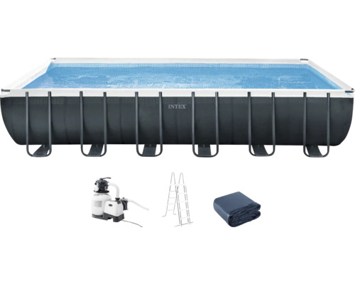 Aufstellpool Framepool-Set Intex Ultra Quadra XTR eckig 732x366x132 cm inkl. Sandfilteranlage, Leiter, Abdeckplane, Bodenschutzvlies & Anschlussschlauch grau