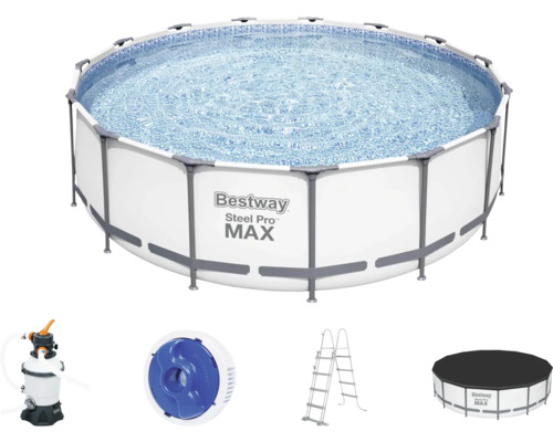 Aufstellpool Framepool-Set Bestway Steel Pro MAX™ rund Ø 457x122 cm inkl. Sandfilteranlage, Leiter & Abdeckplane grau