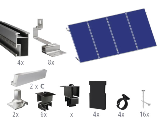 Montageset schwarz für 4 PV-Module (4x1) auf Schrägdach inkl. 4x Montageschiene 2400 mm