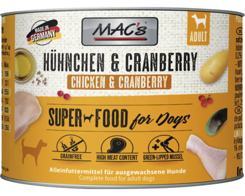 Hundefutter nass MAC´s DOG Huhn und Cranberry 200 g getreidefrei Hundefutter nass MAC´s DOG Huhn und Cranberry 200 g getreidefrei