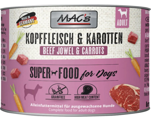 Hundefutter nass MAC´s DOG Kopffleisch und Karotten 200 g getreidefrei Hundefutter nass MAC´s DOG Kopffleisch und Karotten 200 g getreidefrei