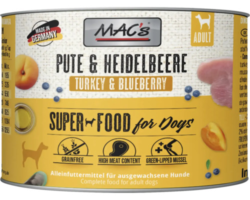 Hundefutter nass MAC´s DOG Pute und Heidelbeeren 200 g getreidefrei Hundefutter nass MAC´s DOG Pute und Heidelbeeren 200 g getreidefrei
