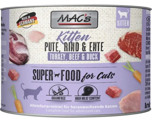 Katzenfutter nass MAC´s CAT Kitten Pute, Rind und Ente 200 g getreidefrei Katzenfutter nass MAC´s CAT Kitten Pute, Rind und Ente 200 g getreidefrei