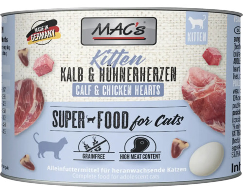Katzenfutter nass MAC´s CAT Kitten Kalb und Hühnerherzen 200 g getreidefrei Katzenfutter nass MAC´s CAT Kitten Kalb und Hühnerherzen 200 g getreidefrei