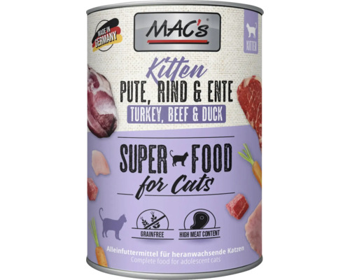 Katzenfutter nass MAC´s CAT Kitten Pute, Rind und Ente 400 g getreidefrei Katzenfutter nass MAC´s CAT Kitten Pute, Rind und Ente 400 g getreidefrei