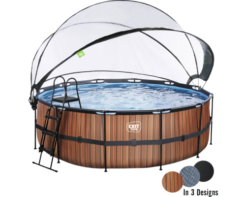 Aufstellpool Framepool-Set EXIT WoodPool rund Ø 450x122 cm inkl. Sandfilteranlage, Abdeckung & Leiter Holzoptik