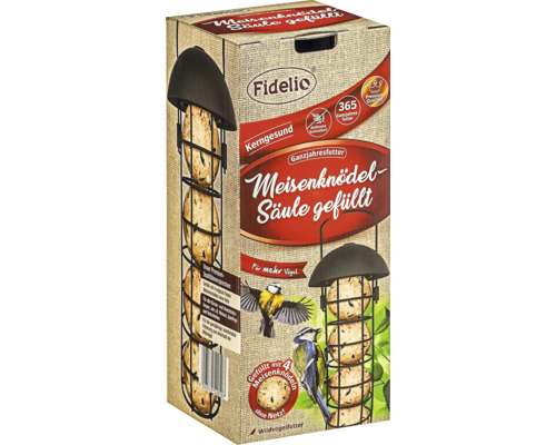 Fidelio Meisenknödel Säule gefüllt mit Ganzjahresfutter, 4 Meisenknödel ohne Netz für Wildvögel