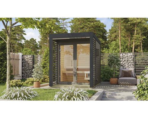 Saunahaus Karibu Sares 1 inkl. 9 kW Bio Ofen u.ext. Steuerung mit Fenster und Ganzglastür aus Klarglas anthrazit/terragrau Gartensauna mit Glastür und Holzbänken im Außenbereich