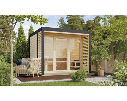 Saunahaus Karibu Hybrid 3 ohne Ofen mit Fenster und Ganzglastür aus Klarglas anthrazit Holzsauna mit Glasfront im Garten