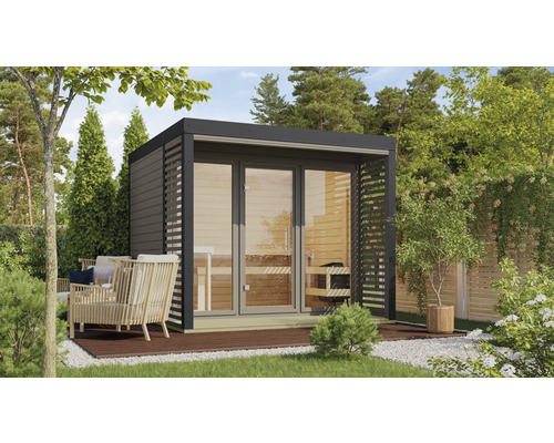 Modernes Gartenhaus mit Terrasse und Sitzgelegenheit im Grünen.