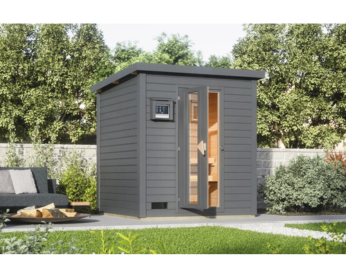Außensauna aus Holz mit Glastür und digitalem Bedienfeld im Garten