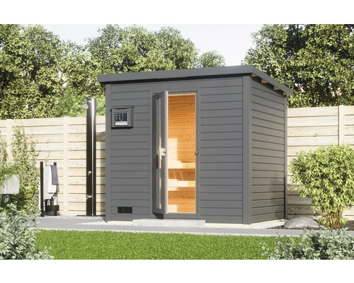 Saunahaus Karibu Talos 3 inkl. 9 kW Bio Ofen u.ext. Steuerung und Holztür und Isolierglas terragrau Außensauna mit Dusche im Garten
