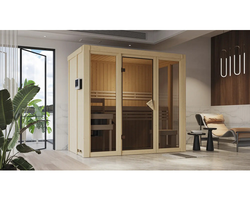 Elementsauna Karibu Iravos 2 ohne Ofen und bronzierter Ganzglastüre Sauna mit Glastür und Holzdetails in einem hellen Raum.