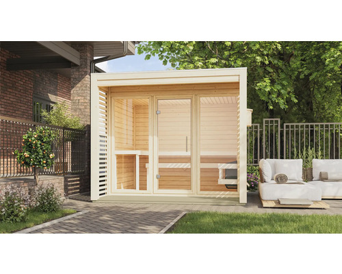 Außensauna mit Glasfront und Sitzgelegenheiten im Garten