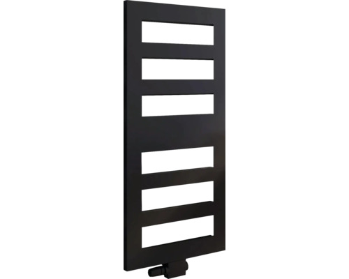 Schwarzer Handtuchwärmer mit horizontalen Öffnungen zur Wandmontage.