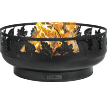 Feuerschale aus Metall mit Blätterdesign und brennendem Holz