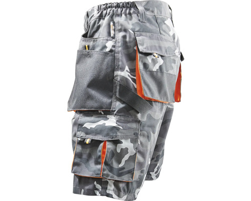 Graue Arbeitsshorts mit Tarnmuster und mehreren Taschen.