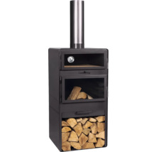 Holzbackofen mit Thermometer, Holzlager und Ofenrohr