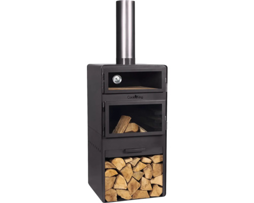 Holzbackofen mit Thermometer, Holzlager und Ofenrohr