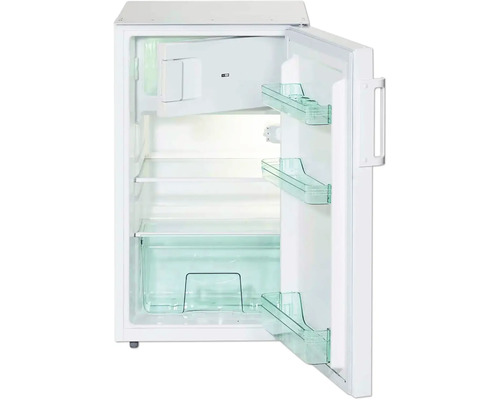 Offener, weißer Kühlschrank mit Regalen und Türfächern