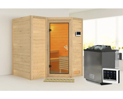 Elementsauna Karibu Melanit 1 inkl.9 kW Bio Ofen u.ext.Steuerung mit Dachkranz und bronzierter Ganzglastüre