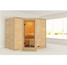 Holzsauna mit Glastür und Holzbank
