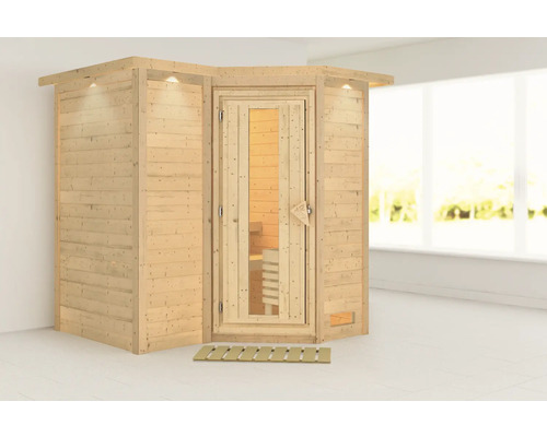 Elementsauna Karibu Melanit 1 ohne Ofen mit Dachkranz und Holztüre mit Isolierglas wärmegedämmt