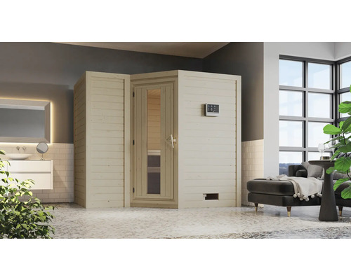 Massivholzsauna Karibu Melanit 2 inkl. 9 kW Ofen u.integr.Steuerung ohne Dachkranz mit Holztüre und Isolierglas wärmegedämmt Finnische Sauna aus Holz mit Glastür und digitalem Bedienfeld in einem Badezimmer