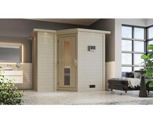 Massivholzsauna Karibu Melanit 2 inkl. 9 kW Ofen u.integr.Steuerung mit Dachkranz und Holztüre mit Isolierglas wärmegedämmt Moderne Sauna aus Holz mit Glastür und Steuerungselement im Badezimmer.