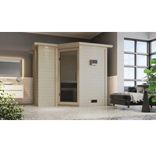 Innenraumbild mit einer Sauna aus Holz mit Glastür und digitalem Bedienfeld in einem Badezimmer.