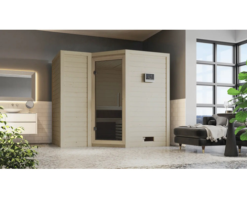 Massivholzsauna Karibu Melanit 2 inkl. 9 kW Ofen u.integr.Steuerung ohne Dachkranz mit graphitfarbiger Ganzglastüre Sauna mit Glastür und Steuerungselementen in einem hellen Badezimmer
