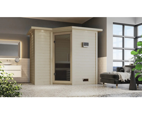 Massivholzsauna Karibu Melanit 2 inkl. 9 kW Ofen u.integr.Steuerung mit Dachkranz und graphitfarbiger Ganzglastüre Innenraumbild mit einer Holzsauna mit Glastür in einem Badezimmer