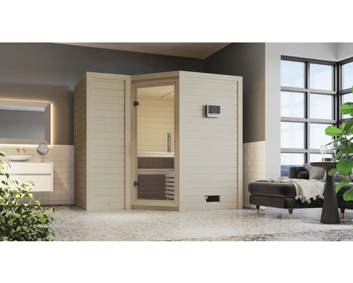 Massivholzsauna Karibu Melanit 2 ohne Ofen und Dachkranz mit Ganzglastüre aus Klarglas Innenraumansicht einer Sauna mit Holztür und Steuerungselementen