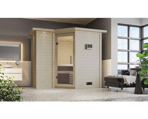 Elementsauna Karibu Melanit 2 inkl. 9 kW Ofen u.integr.Steuerung mit Dachkranz und Ganzglastüre aus Klarglas Ecksauna aus Holz mit Glastür und Steuerungselement in einem hellen Badezimmer.